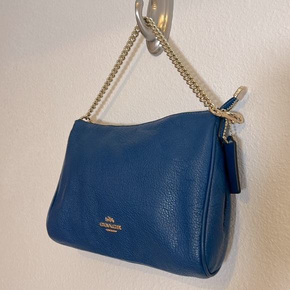 Coach Carrier Blue Pebbled Leather Mini Shoulder Bag With Luxe Gold Chain Strap - Picture 2 of 12